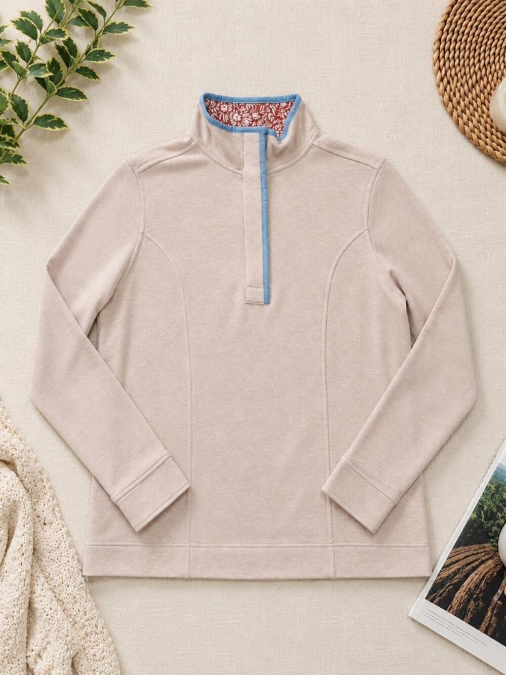 Orvis Women's Quarter Zip Pullover Floral Pink Blue Trim